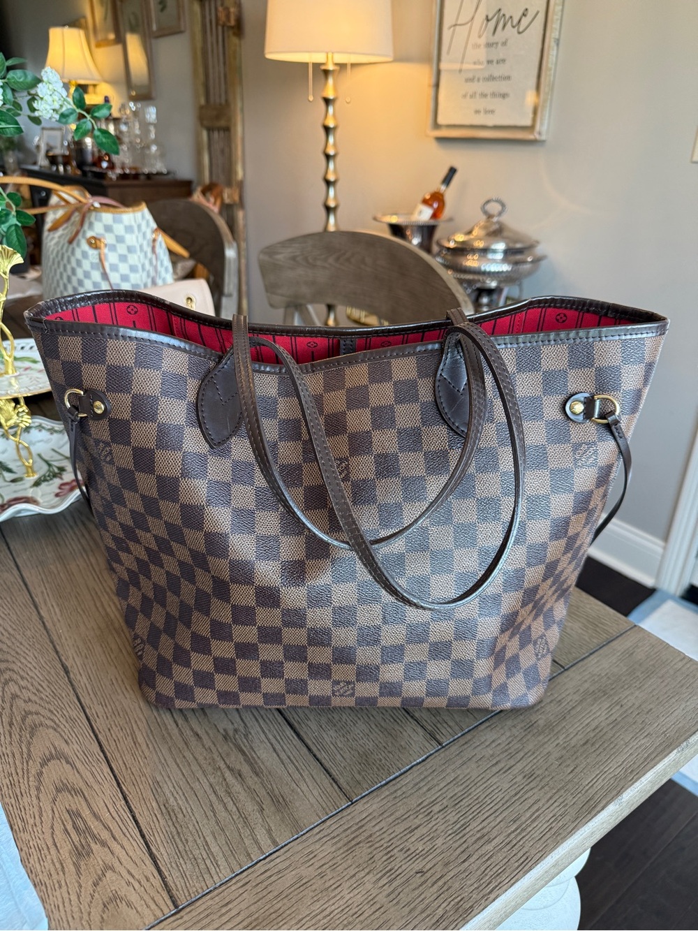 Louis Vuitton Damier Ebene Brown Check Tote Bag with Red Interior - Picture 8 of 14